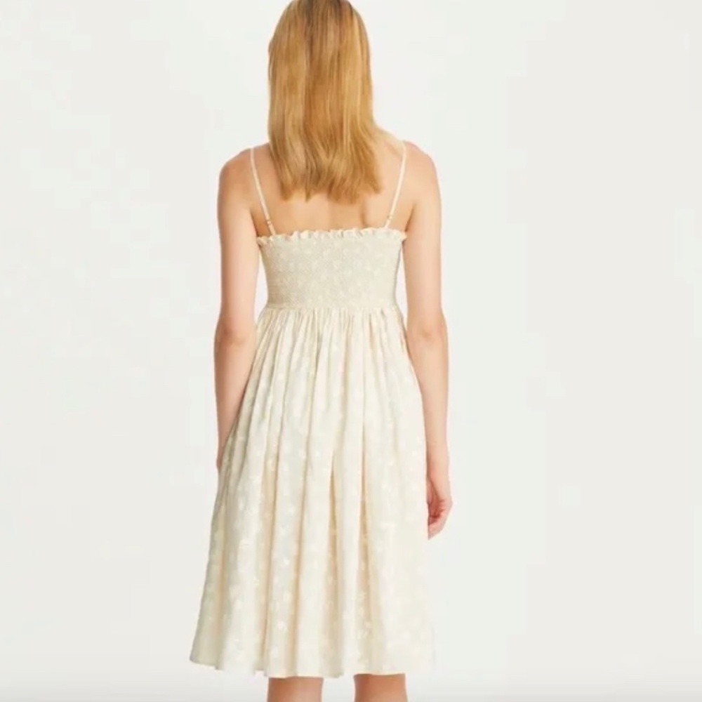Tory Burch Silk Dupioni Smocked Midi Dress Beige Scatter Daisy Size 4 NWT - Picture 3 of 8
